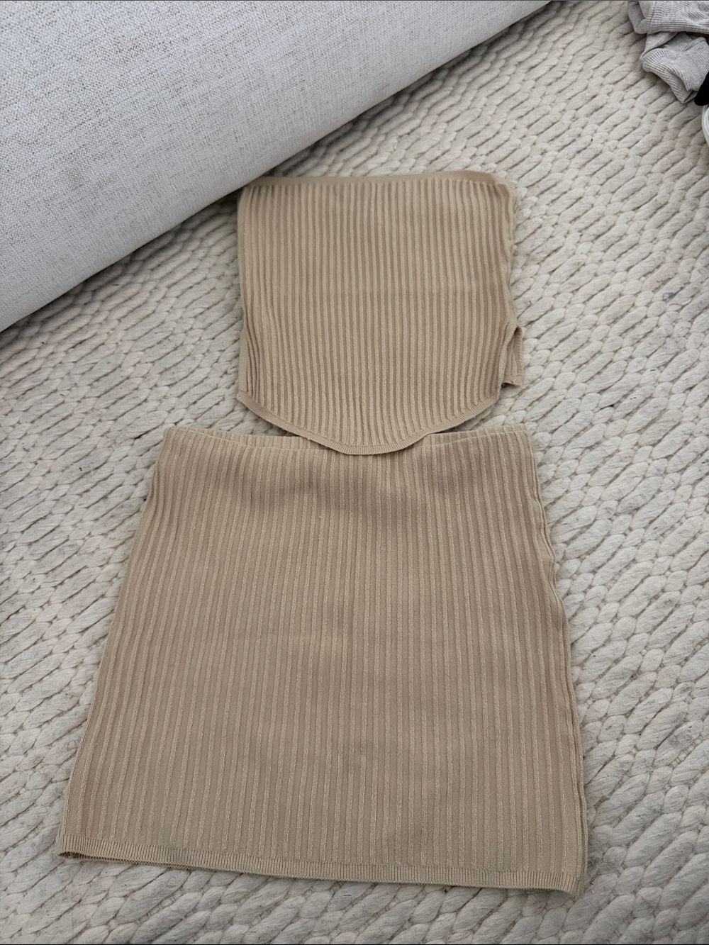 White Fox Boutique Beige Ribbed Knit Tube Top & Skirt Set
